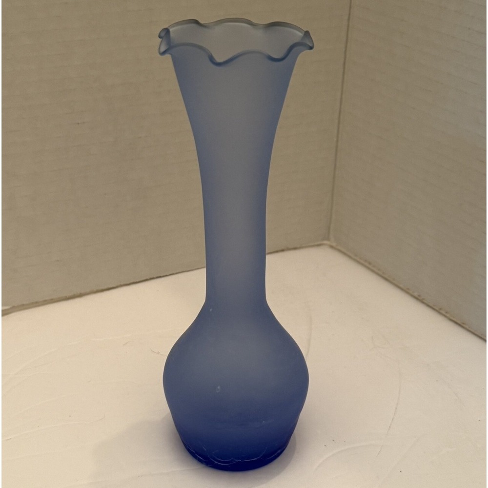 Vintage CRACKLE GLASS Bud VASES/FLUTED/RUFFLED Blue Art‎ Glass 8" Height